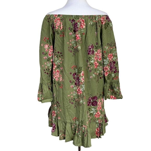 Terra & Sky Ruffled Off Shoulder Floral Peplum Peasant Top 1X Olive Rayon NEW - Picture 4 of 6